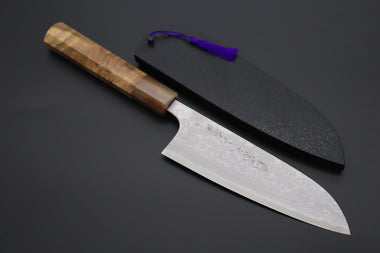 Fu-Rin-Ka-Zan Wa Santoku FASD-3C Wa Santoku 165mm(6.4inch) Fu-Rin-Ka-Zan Aogami Super Custom Damascus Series Premium Edition FASD-3C Wa Santoku 165mmmm (6.4 Inch, Octagonal Camphor Burl Wood Handle with Marble/White Colored Water Buffalo Horn Ferrule)
