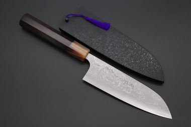 Fu-Rin-Ka-Zan Wa Santoku FASD-3E Wa Santoku 165mm(6.4inch) Fu-Rin-Ka-Zan Aogami Super Custom Damascus Series Premium Edition FASD-3E Wa Santoku 165mmmm (6.4 Inch, Octagonal Ebony Wood Handle with Marble/White Colored Water Buffalo Horn Ferrule)