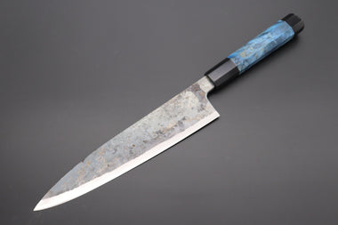 Shirou-Kunimitsu Wa Gyuto Shirou-Kunimitsu White Steel No.2 Kurouchi Series Special Edition SK-5SP24 Wa Gyuto 210mm (8.2 Inch, Ocean Blue Color Stabilized Maple Burl Wood Handle)