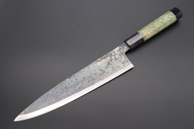 Shirou-Kunimitsu Wa Gyuto Shirou-Kunimitsu White Steel No.2 Kurouchi Series Special Edition SK-6SP18 Wa Gyuto 240mm (9.4 Inch, Forrest Green Color Stabilized Maple Burl Wood Handle)