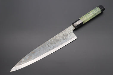 Shirou-Kunimitsu Wa Gyuto Shirou-Kunimitsu White Steel No.2 Kurouchi Series Special Edition SK-6SP19 Wa Gyuto 240mm (9.4 Inch, Forrest Green Color Stabilized Maple Burl Wood Handle)
