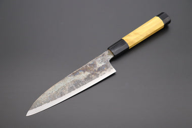 Shirou-Kunimitsu Wa Santoku Shirou-Kunimitsu White Steel No.2 Kurouchi Series Special Edition SK-2SP25 Wa Santoku 180mm (7 Inch, Sunny Yellow Color Stabilized Maple Burl Wood Handle)
