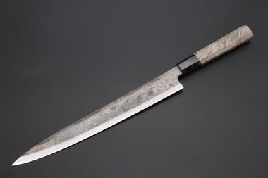 Shirou-Kunimitsu Wa Sujihiki Shirou-Kunimitsu White Steel No.2 Kurouchi Series Special Edition SK-7SP6 Wa Sujihiki 270mm (10.6 Inch, Dark Gray Color Stabilized Maple Burl Wood Handle)
