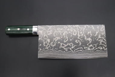 Takeshi Saji Chinese Cleaver Takeshi Saji R-2 Custom Damascus Chinese Cleaver (Green Linen Micarta Handle)