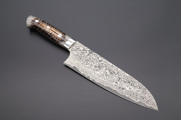 Mr. Itou Treasure Hunter Series R-2 Custom Damascus Santoku 170mm (6.6  inch) Custom Combination Handle (Turquoise Gem-Composite Stone/Mammoth  Tusk