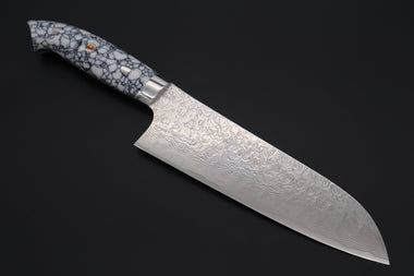 Takeshi Saji Santoku Takeshi Saji SUMMIT ― Limited Edition Custom Series Summer Edition SMT-1013 R-2 Custom Damascus Santoku 185mm (7.2 Inch, White Ice Turquoise Handle)