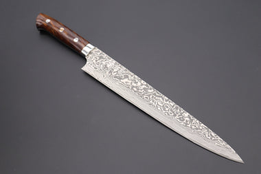 Takeshi Saji Sujihiki Takeshi Saji R-2 Custom Black Damascus Wild Series Sujihiki (240mm and 270mm, Ironwood Handle)