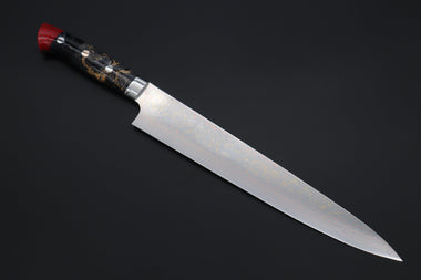 Takeshi Saji Sujihiki Takeshi Saji SUMMIT ― Limited Edition Custom Series SMT-1141 VG-10W磨 Multi-Colored Golden-Rainbow Damascus Sujihiki 270mm (10.6 Inch)