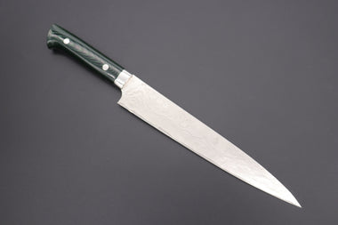 Takeshi Saji Sujihiki STG-9S Sujihiki 240mm (9.4 inch) / Green Linen Micarta Handle Takeshi Saji VG-10 Custom Damascus Wild Series Sujihiki (240mm and 270mm, 2 sizes, Green Linen Micarta Handle)