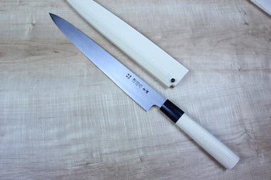 Mizuno Tanrenjo Akitada Hontanren Series Blue Steel No.2 Clad Wa Sujihiki (270mm and 300mm) - JapaneseChefsKnife.Com