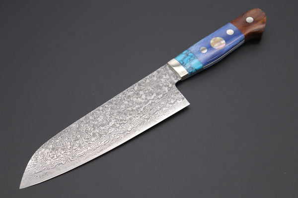 Mr. Itou Santoku Mr. Itou “Luna Series” R-2 Custom Damascus Santoku 170mm (6.6 inch, "Custom Combination Handle(Turquoise Gem-Composite Stone/Blue Color Camel Bone/Ironwood)" (IT-162)