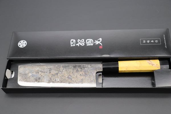 Shirou-Kunimitsu Nakiri Shirou-Kunimitsu White Steel No.2 Kurouchi Series Special Edition SK-3SP35 Nakiri 165mm (6.4 Inch, Sunny Yellow Color Stabilized Maple Burl Wood Handle)
