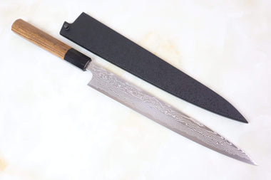 Sukenari Wa Sujihiki G3D-7B Wa Sujihiki 240mm (9.4 inch) Sukenari Gingami No.3 Nickel Damascus Wa Sujihiki (240mm and 270mm, 2 sizes, Octagonal Bocote Wood Handle with Water Buffalo Horn Ferrule)
