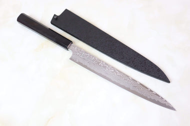 Sukenari Wa Sujihiki G3D-7E Wa Sujihiki 240mm (9.4 inch) Sukenari Gingami No.3 Nickel Damascus Wa Sujihiki (240mm and 270mm, 2 sizes, Octagonal Ebony Wood Handle with Water Buffalo Horn Ferrule)