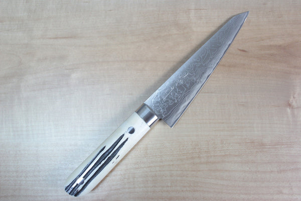 Takeshi Saji R-2 Custom Black Damascus Wild Series Honesuki | Boning Knife 150mm (5.9 inch, Stag Bone Handle) - JapaneseChefsKnife.Com