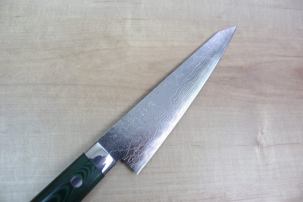 Takeshi Saji VG-10 Custom Damascus Wild Series STG-B Honesuki | Boning Knife 150mm (5.9 inch, Green Linen Micarta Handle) - JapaneseChefsKnife.Com