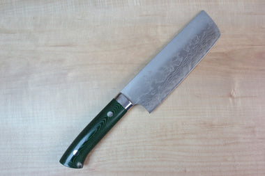 Takeshi Saji VG-10 Custom Damascus Wild Series Nakiri 165mm (6.4 inch, Green Linen Micarta Handle) - JapaneseChefsKnife.Com