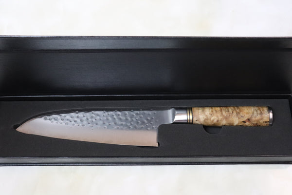 Takeshi Saji Nature Series — Hammer Forged R-2 SNR-2 Santoku 180mm (7 inch, Quince Burl Wood Handle)