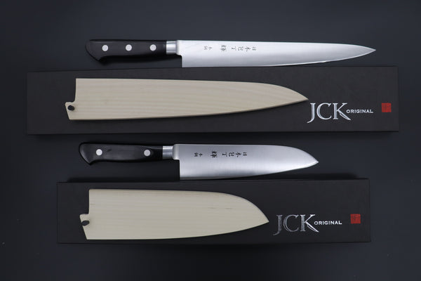 "Very Carbon Steel Lover 2Pcs Knife Set Part 2" JCK Original Kagayaki CarboNext Series KC-3ES Santoku 180mm & KC-8ES Sujihiki 240mm (Each knife comes with Wooden Saya. with Tsubaki Oil)