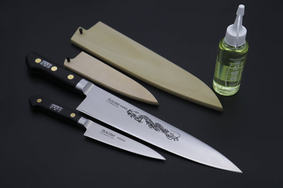 Misono Final Discount !! "Carbon Steel Lover 2Pcs Set Part 3" Sweden Steel Series No.131 Petty 120mm (4.7 inch) and No.113 Gyuto 240mm (9.4 Inch) (comes with Magnolia Wooden Sayas + Tsubaki Oil)