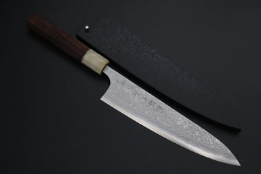 Fu-Rin-Ka-Zan Aogami Super Custom Damascus Series Premium Edition FASD-5I Wa Gyuto 210mm (8.2 Inch, Octagonal Desert Ironwood Handle with Marble/White Colored Water Buffalo Horn Ferrule)