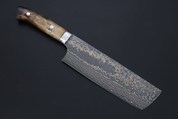 Takeshi Saji VG-10W Multi-Colored Golden-Rainbow Damascus Series TS-9 Nakiri 165mm (6.4 Inch, Smooth Bone Handle)