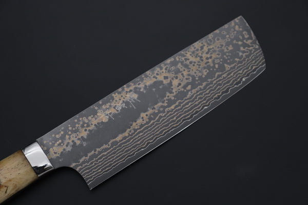 Takeshi Saji VG-10W Multi-Colored Golden-Rainbow Damascus Series TS-9 Nakiri 165mm (6.4 Inch, Smooth Bone Handle)
