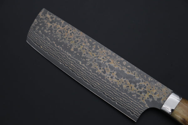 Takeshi Saji VG-10W Multi-Colored Golden-Rainbow Damascus Series TS-9 Nakiri 165mm (6.4 Inch, Smooth Bone Handle)