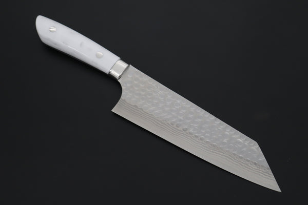 Takeshi Saji SRS-13 Custom Hammered Forged Tsuchime Damascus, Custom Handmade Handle Series TS-14 Bunka 180mm (7 inch, White Corian Handle)