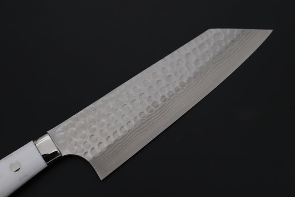 Takeshi Saji SRS-13 Custom Hammered Forged Tsuchime Damascus, Custom Handmade Handle Series TS-14 Bunka 180mm (7 inch, White Corian Handle)