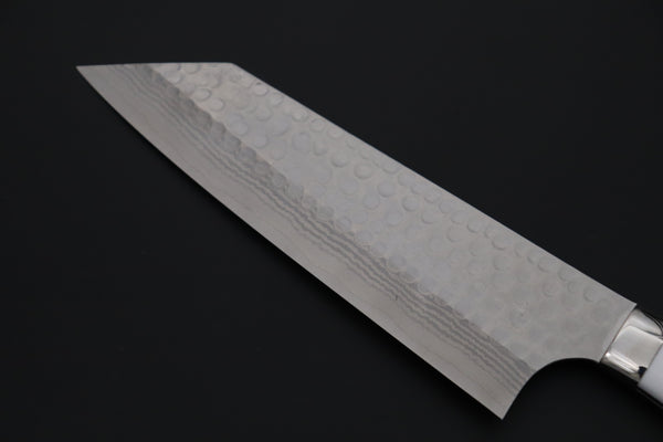 Takeshi Saji SRS-13 Custom Hammered Forged Tsuchime Damascus, Custom Handmade Handle Series TS-14 Bunka 180mm (7 inch, White Corian Handle)