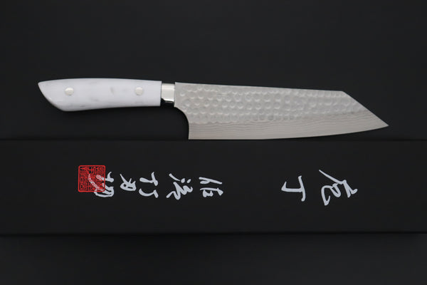 Takeshi Saji SRS-13 Custom Hammered Forged Tsuchime Damascus, Custom Handmade Handle Series TS-14 Bunka 180mm (7 inch, White Corian Handle)