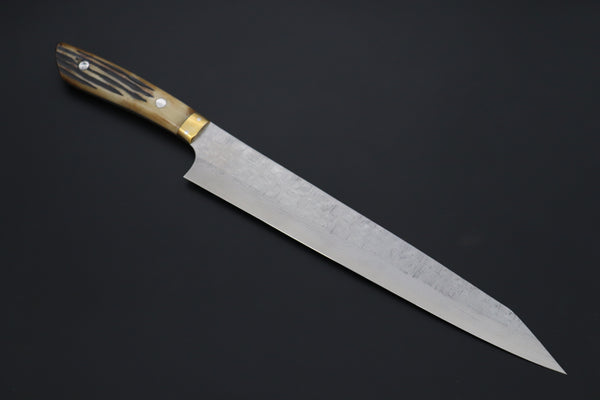 Takeshi Saji SRS-13 Custom Hammered Forged Tsuchime Damascus, Custom Handmade Handle Series TS-15 Sujihiki 270mm (10.6 inch, Stag Bone Handle)