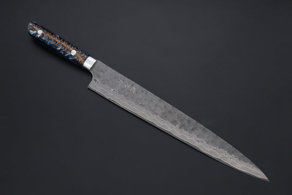 Takeshi Saji SUMMIT ― Limited Edition Custom Series SMT-1225 “Ocean Sunshine”: VG-10 Hammered Damascus Series Sujihiki 270mm (10.6 Inch)