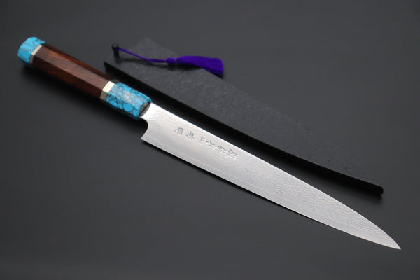 Fu-Rin-Ka-Zan YUTAKA 豊佳 Series R-2 Damascus Edition FRDYP-59 Wa Sujihiki 240mm (9.4 Inch, Octagonal Desert Ironwood Handle with Nickel Silver Spacers and a Turquoise Gem Composite Stone Ferrule & Butt)