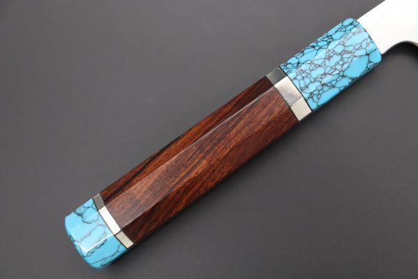 Fu-Rin-Ka-Zan YUTAKA 豊佳 Series R-2 Damascus Edition FRDYP-59 Wa Sujihiki 240mm (9.4 Inch, Octagonal Desert Ironwood Handle with Nickel Silver Spacers and a Turquoise Gem Composite Stone Ferrule & Butt)