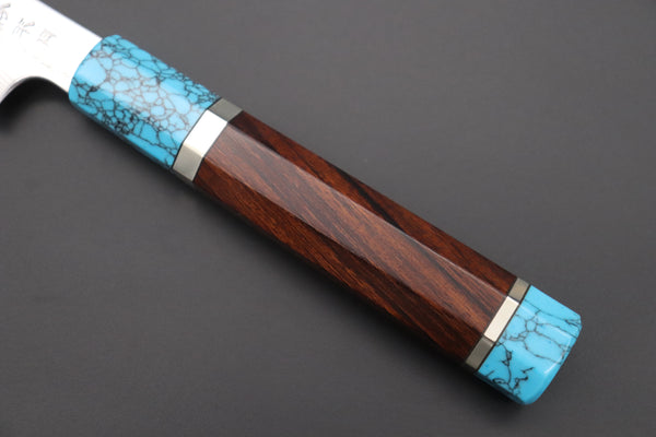 Fu-Rin-Ka-Zan YUTAKA 豊佳 Series R-2 Damascus Edition FRDYP-59 Wa Sujihiki 240mm (9.4 Inch, Octagonal Desert Ironwood Handle with Nickel Silver Spacers and a Turquoise Gem Composite Stone Ferrule & Butt)