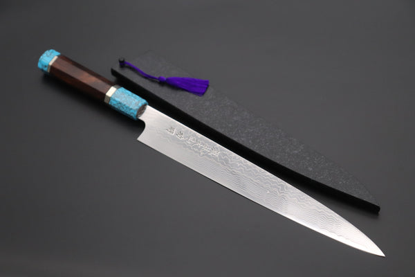 Fu-Rin-Ka-Zan YUTAKA 豊佳 Series R-2 Damascus Edition FRDYP-60 Wa Sujihiki 270mm (10.6 Inch, Octagonal Desert Ironwood Handle with Nickel Silver Spacers and a Turquoise Gem Composite Stone Ferrule & Butt)