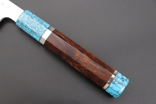 Fu-Rin-Ka-Zan YUTAKA 豊佳 Series R-2 Damascus Edition FRDYP-60 Wa Sujihiki 270mm (10.6 Inch, Octagonal Desert Ironwood Handle with Nickel Silver Spacers and a Turquoise Gem Composite Stone Ferrule & Butt)