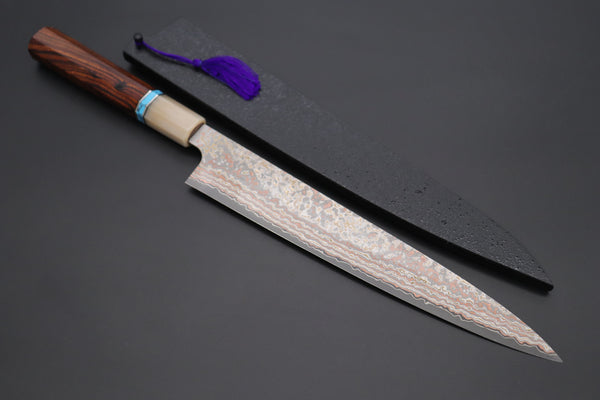 Takeshi Saji SUMMIT ― Limited Edition Custom Series VG-10W Multi-Colored Golden-Rainbow Damascus Wa Sujihiki 240mm (9.4 Inch, STCL-304)