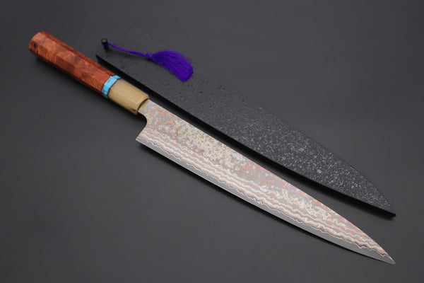 Takeshi Saji SUMMIT ― Limited Edition Custom Series VG-10W Multi-Colored Golden-Rainbow Damascus Wa Sujihiki 240mm (9.4 Inch, STCL-305)