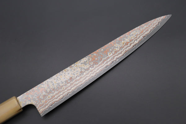 Takeshi Saji SUMMIT ― Limited Edition Custom Series VG-10W Multi-Colored Golden-Rainbow Damascus Wa Sujihiki 240mm (9.4 Inch, STCL-305)