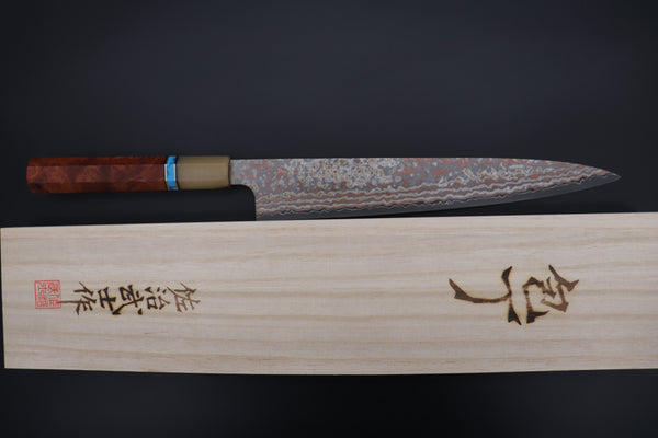 Takeshi Saji SUMMIT ― Limited Edition Custom Series VG-10W Multi-Colored Golden-Rainbow Damascus Wa Sujihiki 240mm (9.4 Inch, STCL-305)