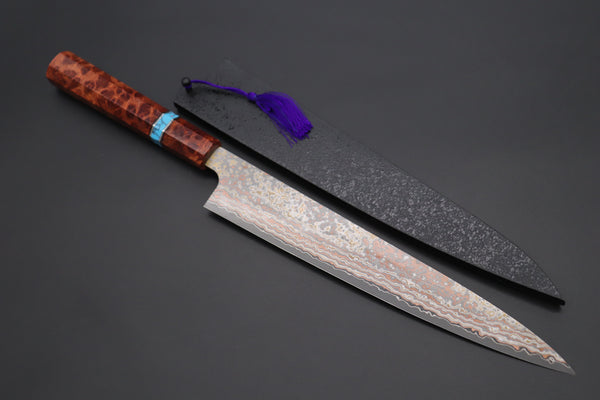 Takeshi Saji SUMMIT ― Limited Edition Custom Series VG-10W Multi-Colored Golden-Rainbow Damascus Wa Sujihiki 240mm (9.4 Inch, STCL-306)