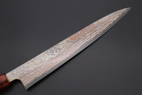 Takeshi Saji SUMMIT ― Limited Edition Custom Series VG-10W Multi-Colored Golden-Rainbow Damascus Wa Sujihiki 240mm (9.4 Inch, STCL-306)