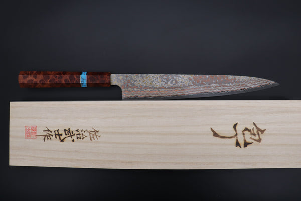 Takeshi Saji SUMMIT ― Limited Edition Custom Series VG-10W Multi-Colored Golden-Rainbow Damascus Wa Sujihiki 240mm (9.4 Inch, STCL-306)