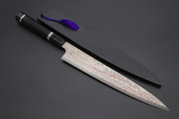 Takeshi Saji SUMMIT ― Limited Edition Custom Series VG-10W Multi-Colored Golden-Rainbow Damascus Wa Sujihiki 240mm (9.4 Inch, STCL-307)