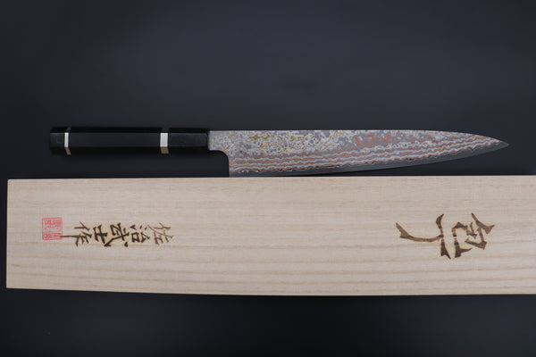 Takeshi Saji SUMMIT ― Limited Edition Custom Series VG-10W Multi-Colored Golden-Rainbow Damascus Wa Sujihiki 240mm (9.4 Inch, STCL-307)