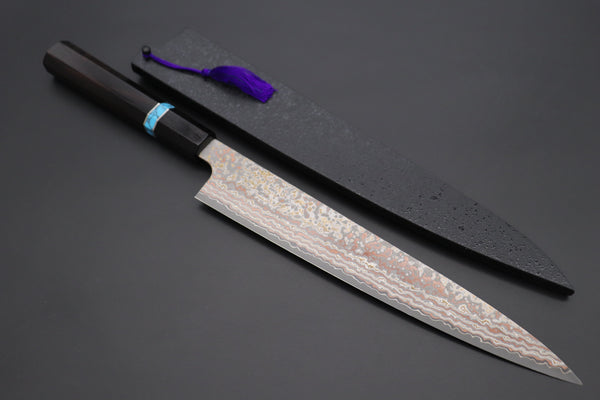 Takeshi Saji SUMMIT ― Limited Edition Custom Series VG-10W Multi-Colored Golden-Rainbow Damascus Wa Sujihiki 240mm (9.4 Inch, STCL-308)