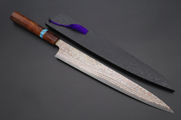 Takeshi Saji SUMMIT ― Limited Edition Custom Series VG-10W Multi-Colored Golden-Rainbow Damascus Wa Sujihiki 270mm (10.6 Inch, STCL-309)